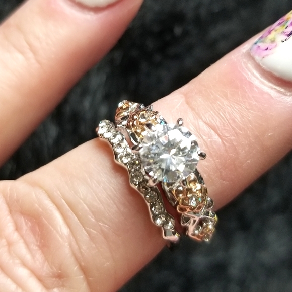 unbranded Jewelry - Rose Gold over Sterling Silver Rose Accent White Topaz Wedding 2pc Set Size 6
